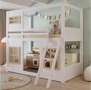 Łóżko piętrowe dla dzieci - 90 x 200 cm - z oknami + drabinka + ogrodzenie - sosna + płyta MDF - białe + naturalne