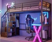 Łóżko piętrowe 90x200cm z oświetleniem LED - biurko + szafa + drabinka - czarne