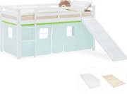 Łóżko piętrowe dla dzieci 90x200 cm białe zielona zasłona z zjeżdżalnią, stelażem i materacem