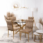 Zestaw Stół Okrągły SALLO 110 cm i 4 Krzesła Tapicerowane Plecione DAN Beżowe Glamour