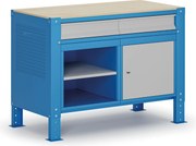 Stół warsztatowy G9, 1 półka, 1 szafka, 2 szuflady, z regulacją wysokości, 1180 x 595 x 715-975 mm, szary/niebieski