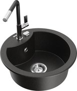 Mexen Diego zlewozmywak granitowy 1-komorowy z baterią kuchenną Flora, czarny/złoty metalik - 6512-75-670401-07