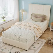 Łóżko tapicerowane dla dzieci 1-osobowe - 90 x 200 cm - z miękkim zagłówkiem i oparciem - PU + żelazo + pianka + sklejka - beżowe