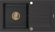 Mexen Pablo zlewozmywak granitowy 1-komorowy z ociekaczem 752 x 436 mm, czarny/srebrny metalik, syfon złoty - 6510751010-73-G
