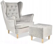 Fotel Uszak z pufą JASNOSZARY velvet srebrny siwy