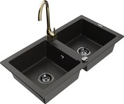 Mexen Mario zlewozmywak granitowy 2-komorowy z baterią kuchenną Telma, czarny/złoty - 6504-75-670200-50-B