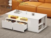 Stolik kawowy wysokopołysk 100×50×35 cm - z oświetleniem LED - 2 szuflady - 3 przegródki - biały