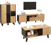 Zestaw mebli do salonu 3-częściowy - stolik kawowy + szafka RTV + kredens - z miejscem do przechowywania - płyta wiórowa - naturalny