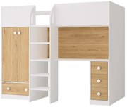 Łóżko antresola 90 x 190 cm z szafą i biurkiem - Biały i naturalny - CINAMO