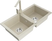 Mexen Mario zlewozmywak granitowy 2-komorowy z baterią kuchenną Rita, beżowy - 6504-69-670300-69