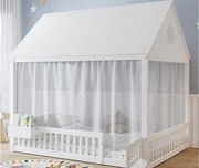 Łóżko dziecięce 140x200 cm - z dekoracyjnymi białymi zasłonami - z 1 drzwiami i przegródką do przechowywania - biały​ (bez materaca)