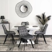 Zestaw Stół Prostokątny Rozkładany CLARK 120-160 cm Czarny/Biały Połysk i 4 Krzesła Tapicerowane do Salonu RICK Szare Welurowe