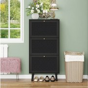 Czarna szafka na buty z 3 uchylnymi drzwiami i złotymi uchwytami – idealna do przedpokoju i korytarza