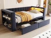 Tapicerowana sofa z łóżkiem 90x190 cm - z oświetleniem LED - z gniazdkiem elektrycznym - z 2 szufladami - ciemnoszary (materac nie jest dołączony)