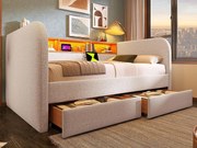 Łóżko z kanapą z 2 szufladami - tkanina lniana - 140x190 cm - z LED i funkcją ładowania - Beżowy