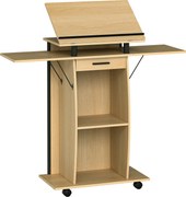 HOMCOM Mobilne podium, podium do wystąpień z składanymi bocznymi skrzydłami, stół na laptopa z szufladą i półkami, wykonane w dębie