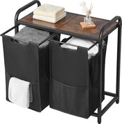 Kosz na Pranie SucceBuy Kosz na Pranie z 2 Przegródkami, Organizer na Pranie z Wyjmowanymi Workami z Tkaniny Oxford 600D, Metalową Ramą i Drewnianym Blatem