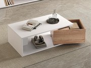 Stolik kawowy 90x50x30 cm - 1 szuflada - obrotowy 360° - Otwarta przestrzeń do przechowywania - MDF - Biały + Kolor naturalny