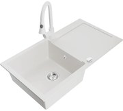 Mexen Leo zlewozmywak granitowy 1-komorowy z ociekaczem i baterią kuchenną Elia, biały - 6501-20-670101-20