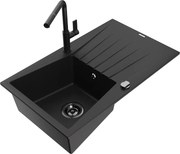 Mexen Cesar zlewozmywak granitowy 1-komorowy z ociekaczem i baterią kuchenną Flora, czarny - 6514-77-670401-70-B