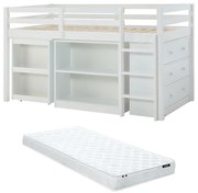 Łóżko piętrowe 90 x 190 cm ze skrzynią i i rozsuwanym biurkiem - Drewno sosnowe i MDF - Biały + Materac - ABRENO
