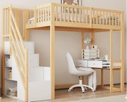Łóżko mezzanine 90x200cm z drewna - z biurkiem i schodami do przechowywania - Naturalne i Białe