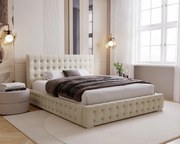 BESILIO Łóżko tapicerowane pikowane 180x200 Palmo - łóżko z pojemnikiem chesterfiled, pikowane guziki - Beżowy