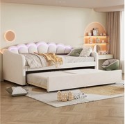 Łóżko wysuwane 90 x 200 cm + łóżko 90 x 190 cm, sofa rozkładana - welur - LED - kolor beżowy (bez materaca)