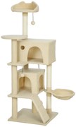 PawHut Drapak 140 cm wieża dla kota z hamakiem, drabinką, budką, 2 pluszowymi piłeczkami, słupkami sisalowymi, 48 x 48 x 140 cm, Beżowy