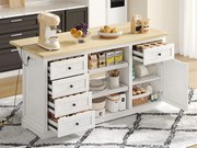 Wyspa kuchenna - z 5 szufladami i 2 wysuwanymi półkami - z gniazdkiem elektrycznym - rozsuwana blata - Naturalny + Biały