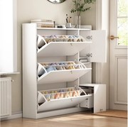 Szafka na buty z 4 drzwiami i 1 składaną ławką - 119 x 24 x 122 cm - Płyta wiórowa - Biała