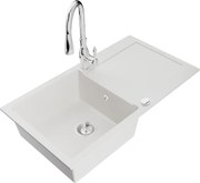 Mexen Leo zlewozmywak granitowy 1-komorowy z ociekaczem i baterią kuchenną Savita, biały - 6501-20-672601-00