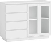HOMCOM Szafka bufetowa, komoda z 4 szufladami, 2 przeszklone drzwi, nowoczesny design, MDF, biały