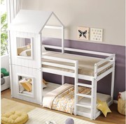 Łóżko piętrowe dla dzieci 2-osobowe, 90 x 200 cm, z litego drewna, ze stelażem listwowym, styl nowoczesny, kolor biały