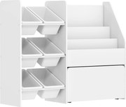 AIYAPLAY Regał na zabawki, regał do pokoju dziecięcego z 6 pojemnikami, półka na książki, rolowany pojemnik, 100 x 30 x 80 cm, MDF, stal, Biały