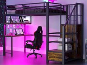 Łóżko na antresoli z metalu 90x200 cm - z oświetleniem LED i gniazdkiem do ładowania - zawiera drabinę z pojemnikami - z półkami i biurkiem - czarny