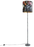 Lampa podłogowa szara klosz welurowy kwiaty 40cm - Simplo Retro Oswietlenie wewnetrzne