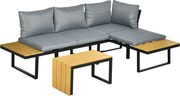 Outsunny Zestaw mebli ogrodowych dla 3 osób, meble balkonowe z poduszkami siedziskowymi, rama z aluminium, imitacja drewna, Jasnoszary+Naturalny