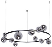Bolero Sigma 126 – duży nowoczesny żyrandol do salonu, czarna obręcz, 12 grafitowych szklanych kul
