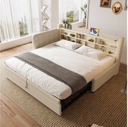 Sofa dziecięca rozkładana - 90 x 200 cm - z łóżkiem wysuwanym 90 x 190 cm + pojemnik + USB - len - beż