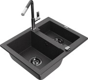 Mexen Carlos zlewozmywak granitowy 1,5-komorowy z baterią kuchenną Flora, czarny nakrapiany - 6518-76-670401-08-B