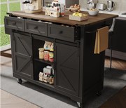 Mobilna wyspa kuchenna - blat rozsuwany - z 3 szufladami i 2 drzwiami przesuwnymi - z wieszakiem na ręczniki - MDF - czarny + naturalny