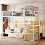 Łóżko piętrowe metalowe dla dzieci - 140 x 200 cm - z szafą + oświetlenie LED + schowek w schodach - MDF + Metal - białe