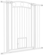 PawHut 106 cm Wysoka Bramka dla Zwierząt z Regulacją Szerokości, Wbudowane Drzwiczki dla Kota, dla Schodów i Drzwi, Biała