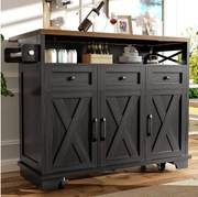 Czarna wyspa kuchenna z 3 drzwiami i 3 szufladami - Wózek kuchenny z wieszakiem na ręczniki i Otwarta przestrzeń do przechowywania – składany blat