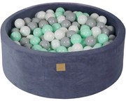 Okrągły Suchy Basen Dla Dziecka 90x30cm/200 Piłek 7cm, Welurowy, Szaroniebieski, Piłki: Białe, Szare, Miętowe - Meowbaby®