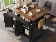 Mobilna wyspa kuchenna - blat rozsuwany - 2 szuflady i 4 drzwi - z wieszakiem na ręczniki - MDF - czarny + naturalny