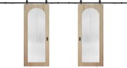 Drzwi podwójne przesuwne natynkowe z drewna i MDF - naturalne jasne łuki i hartowane szkło ryflowane - 2 x W205 x Szer93 cm - ODEZA