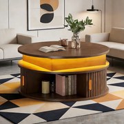 Stolik kawowy z podnoszonym blatem - 75 x 75 x 52 cm - z diodami LED + 2 drzwi rolowane + schowek - MDF - brązowy