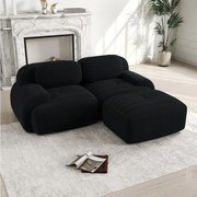 Narożnik z zaokrąglonymi podłokietnikami - sofa 2-osobowa z oparciem i ozdobnymi poduszkami - czarny sztruks